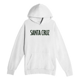 White hoodie with 'Santa Cruz' text on a white background