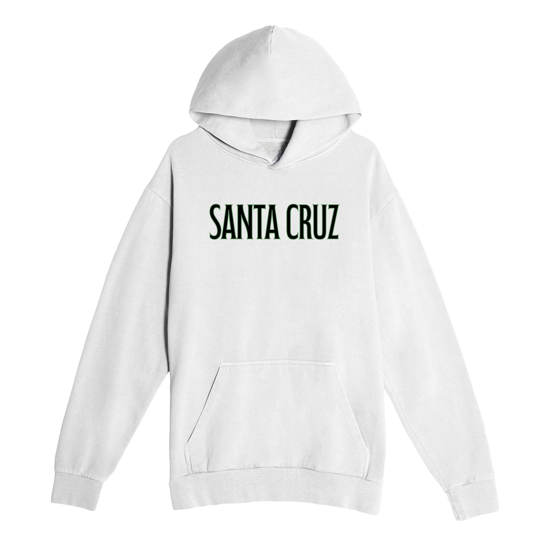 White hoodie with 'Santa Cruz' text on a white background