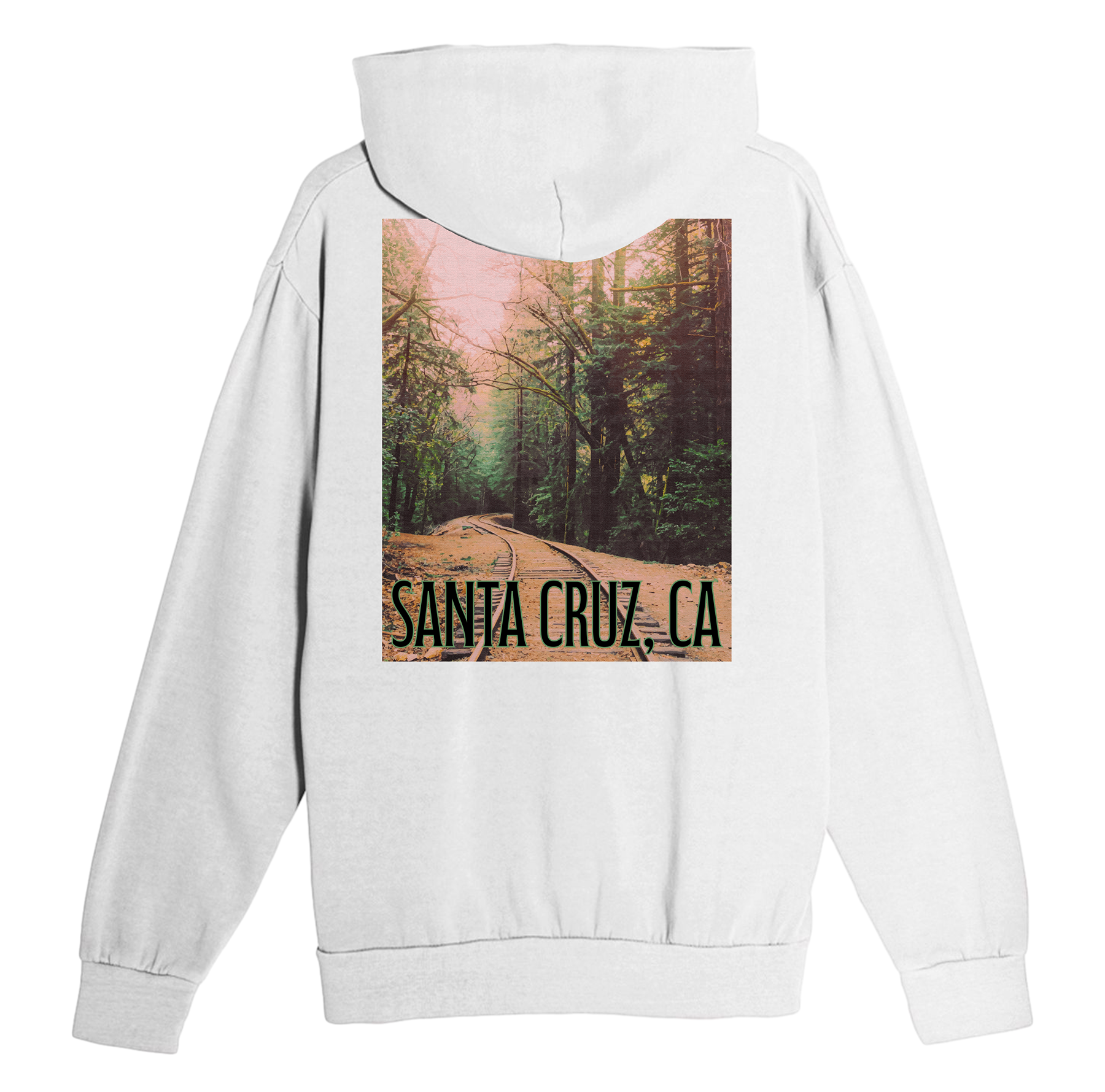 White hoodie with a forest graphic and 'Santa Cruz, CA' text on the back