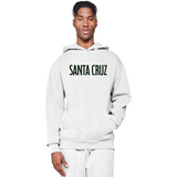 Person wearing a white hoodie with 'Santa Cruz' logo on a white background