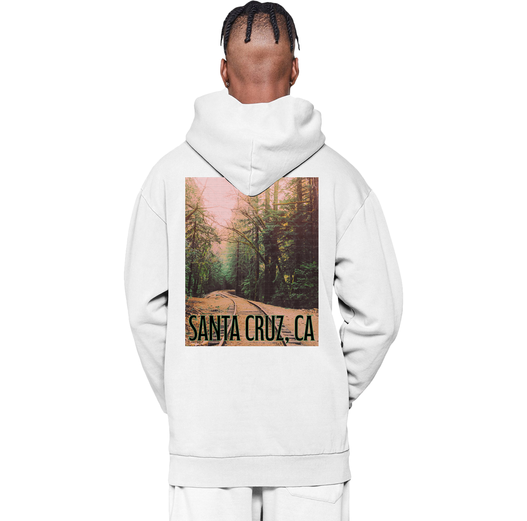 Person wearing a white hoodie with a 'Santa Cruz, CA' graphic on the back