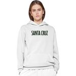 Person wearing a white hoodie with 'Santa Cruz' text on a white background