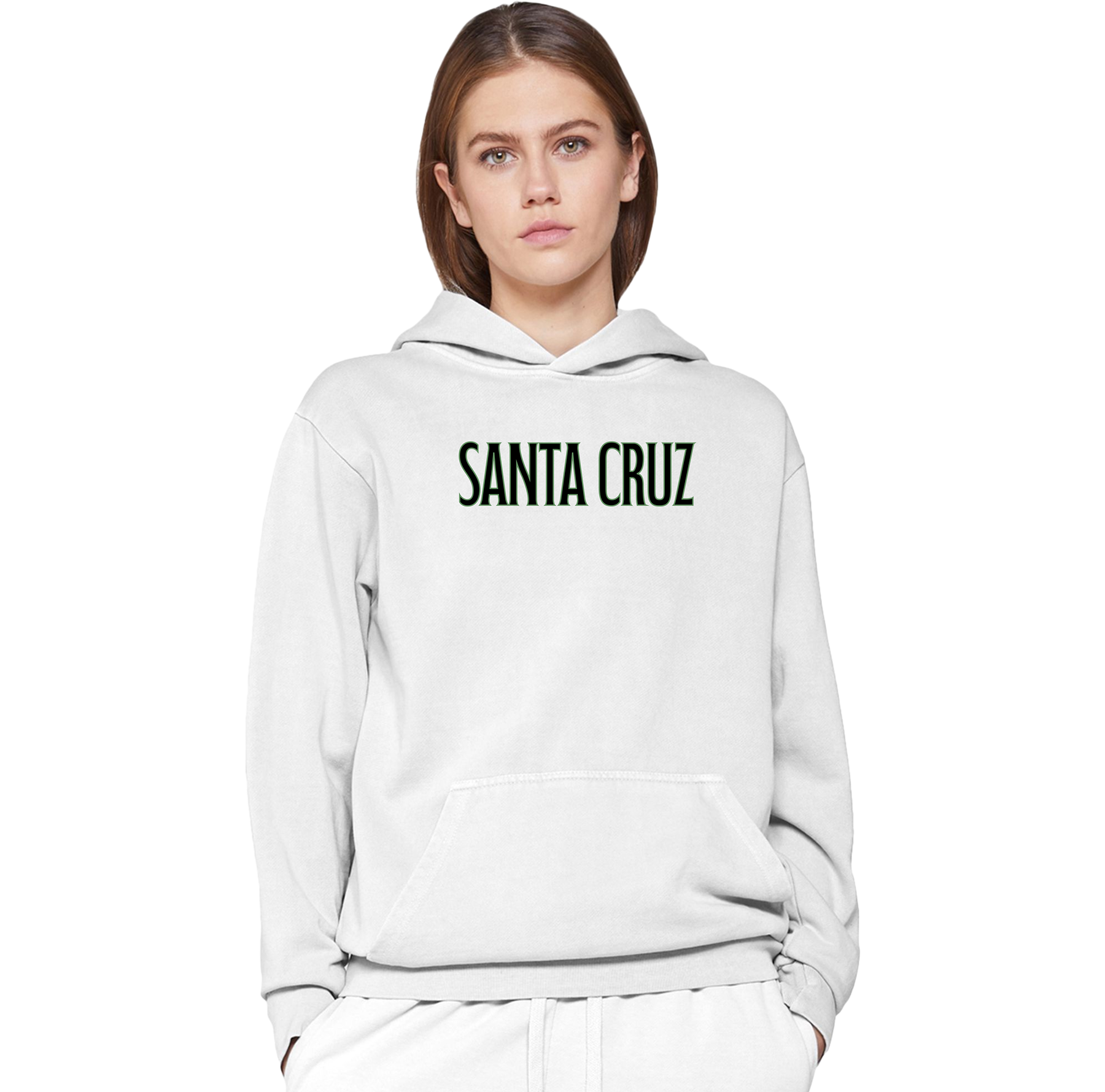 Person wearing a white hoodie with 'Santa Cruz' text on a white background