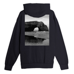 Black hoodie with a scenic print on the back
