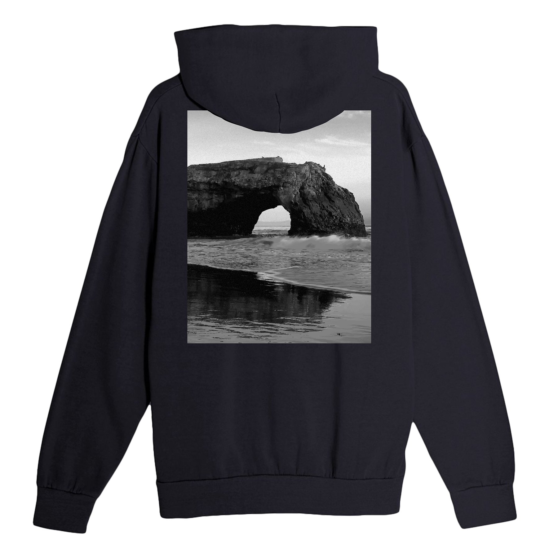Black hoodie with a scenic print on the back