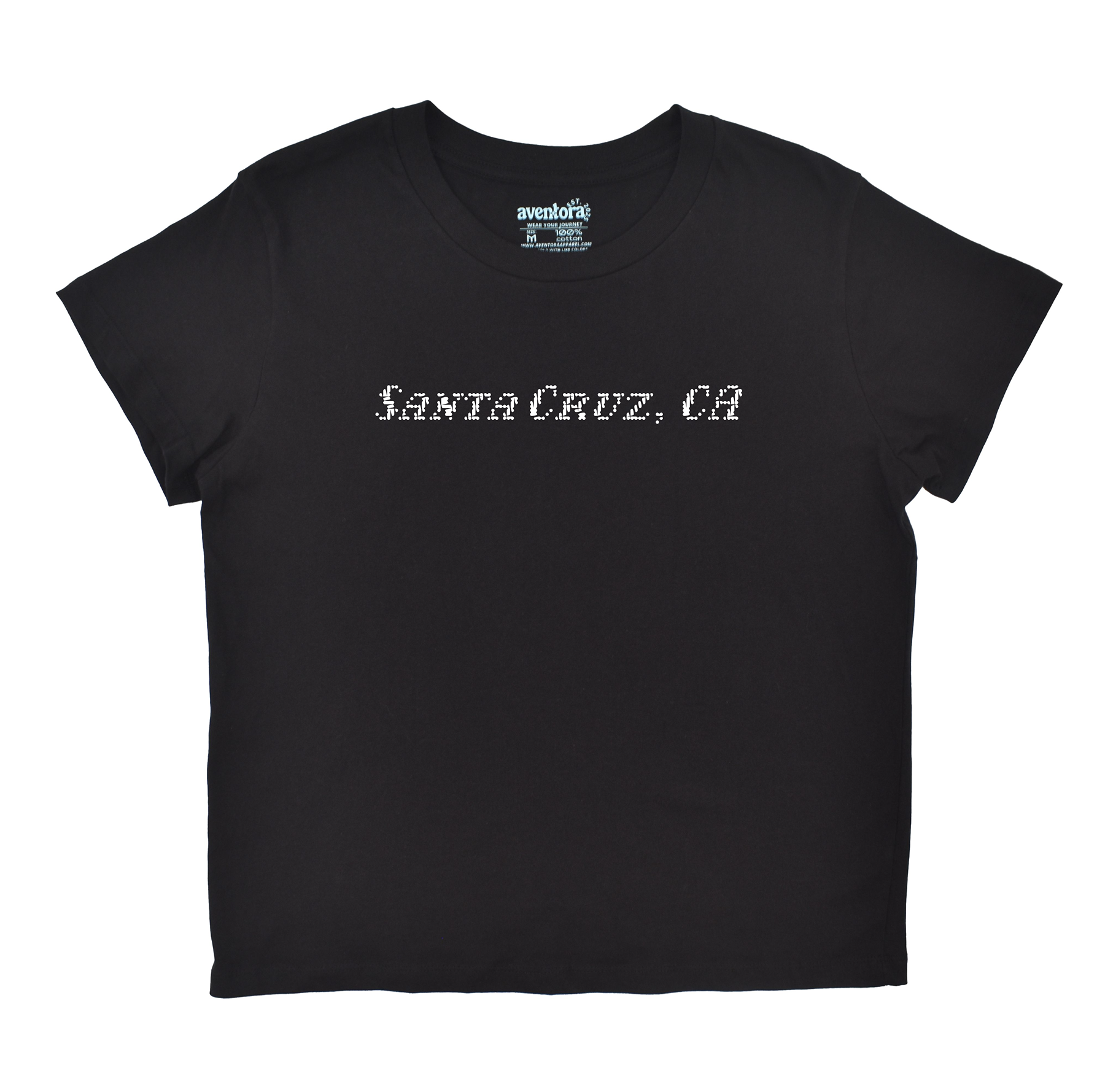 Black t-shirt with 'Santa Cruz, CA' text on a white background