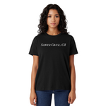Person wearing a black t-shirt with 'Santa Cruz, CA' text on a white background