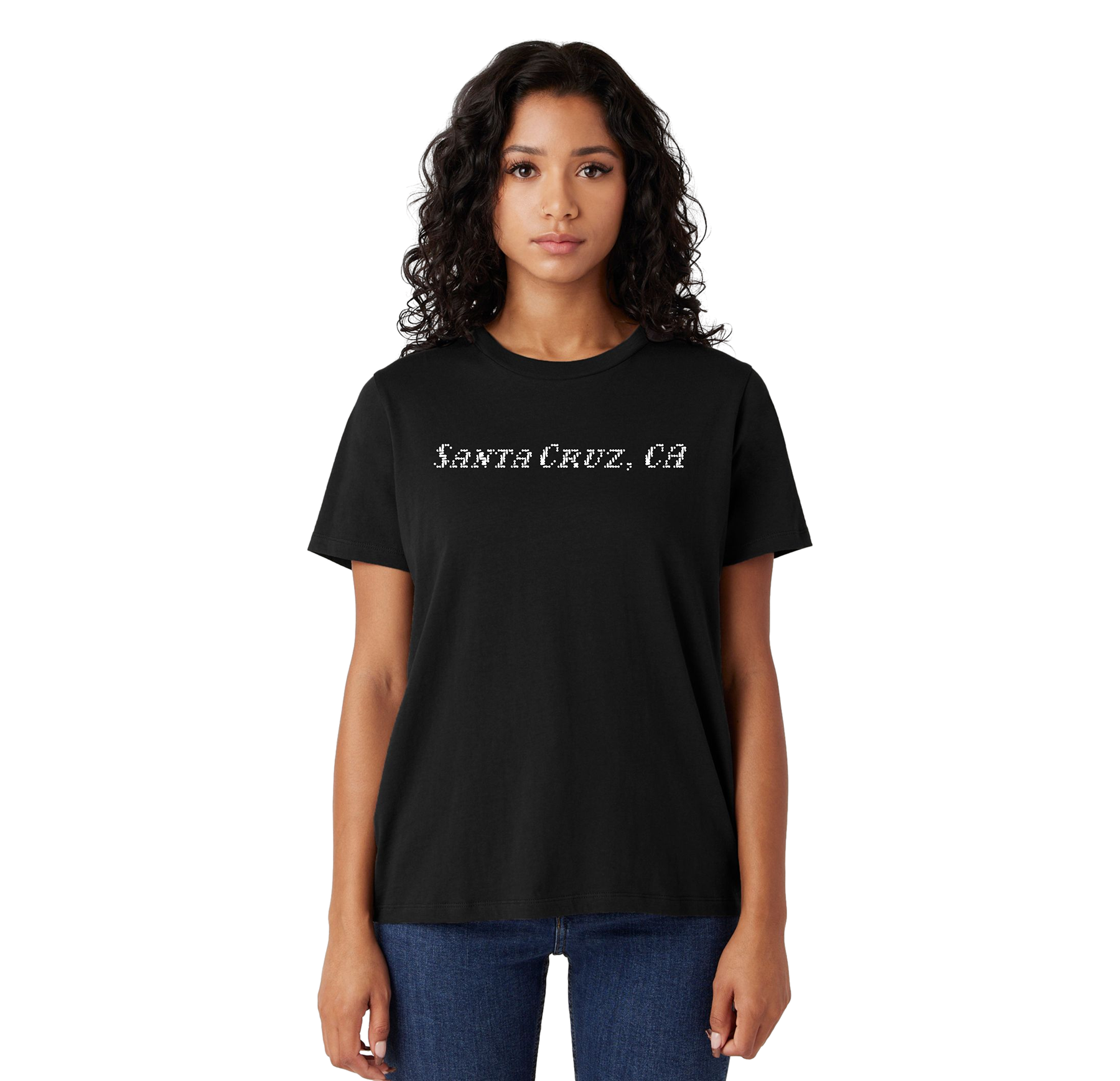 Person wearing a black t-shirt with 'Santa Cruz, CA' text on a white background