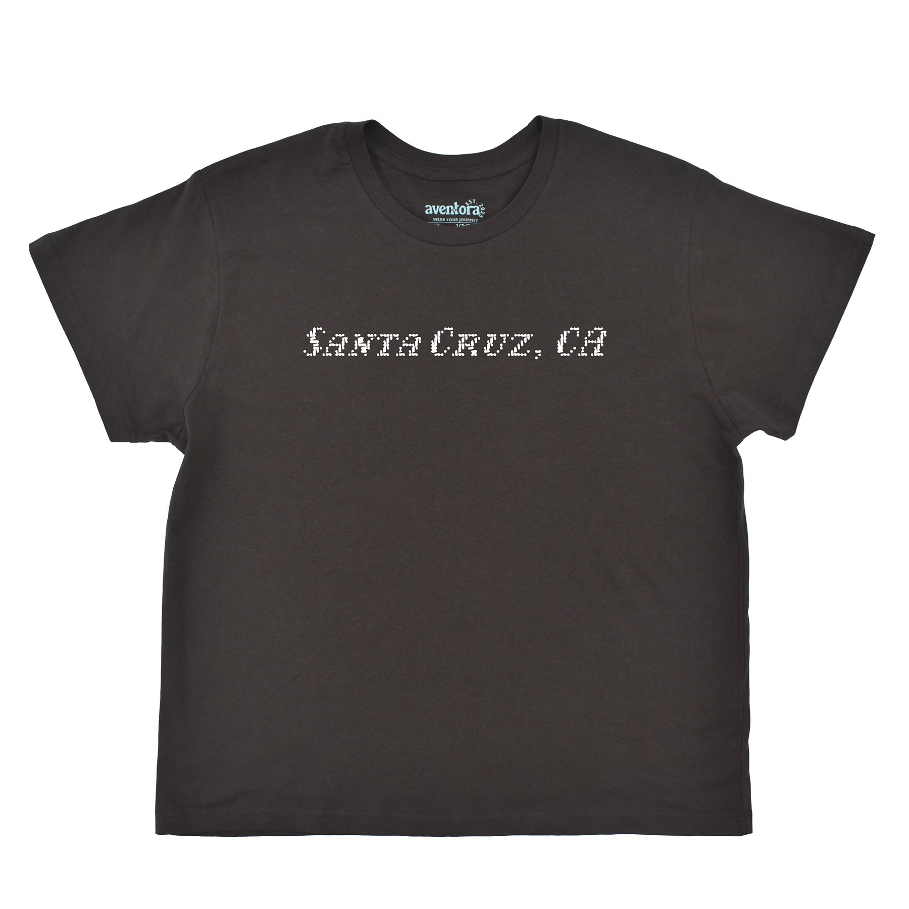 Black t-shirt with 'Santa Cruz, CA' text on a white background