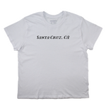White t-shirt with 'Santa Cruz, CA' text on a white background