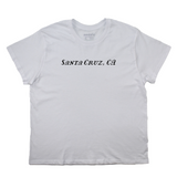 White t-shirt with 'Santa Cruz, CA' text on a white background