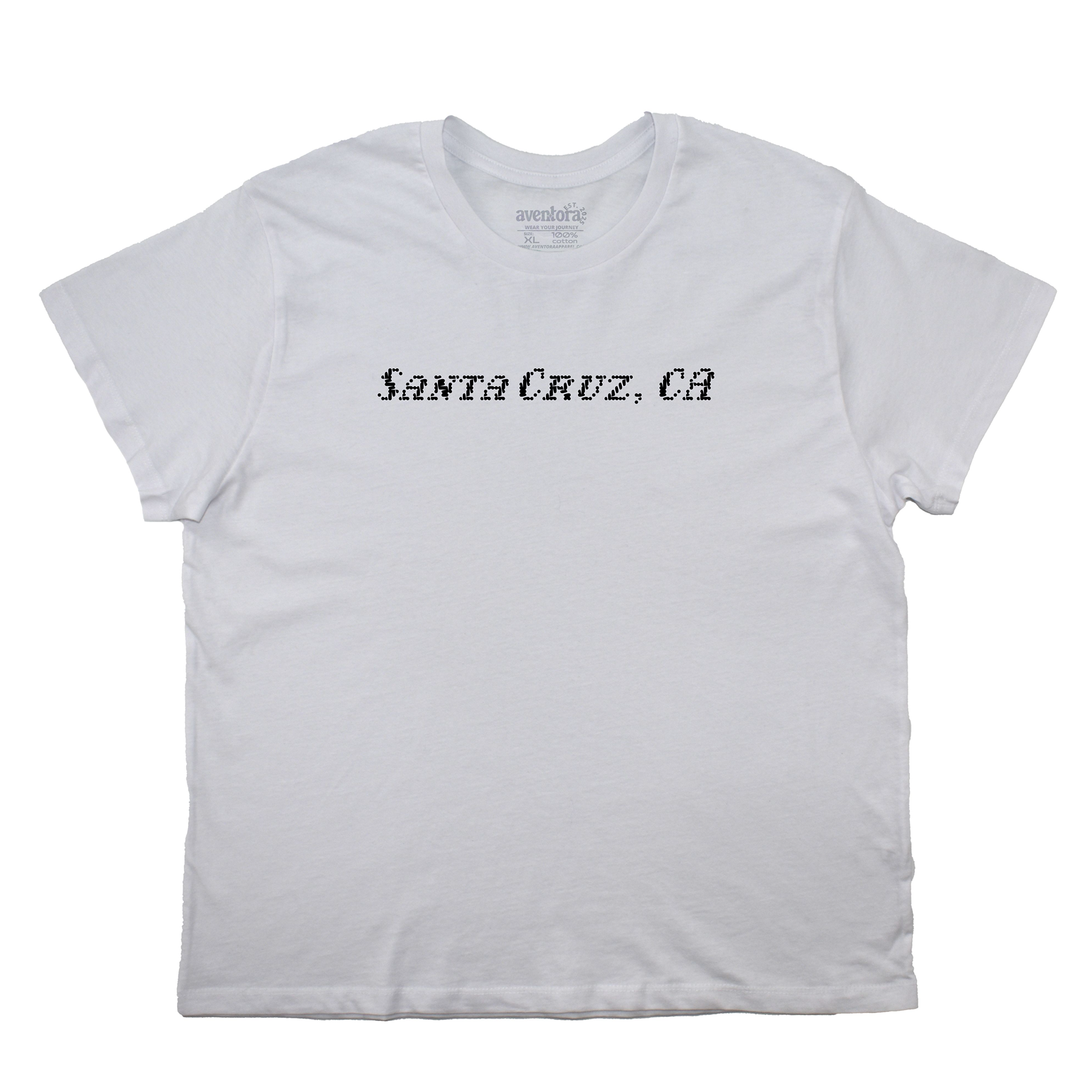 White t-shirt with 'Santa Cruz, CA' text on a white background
