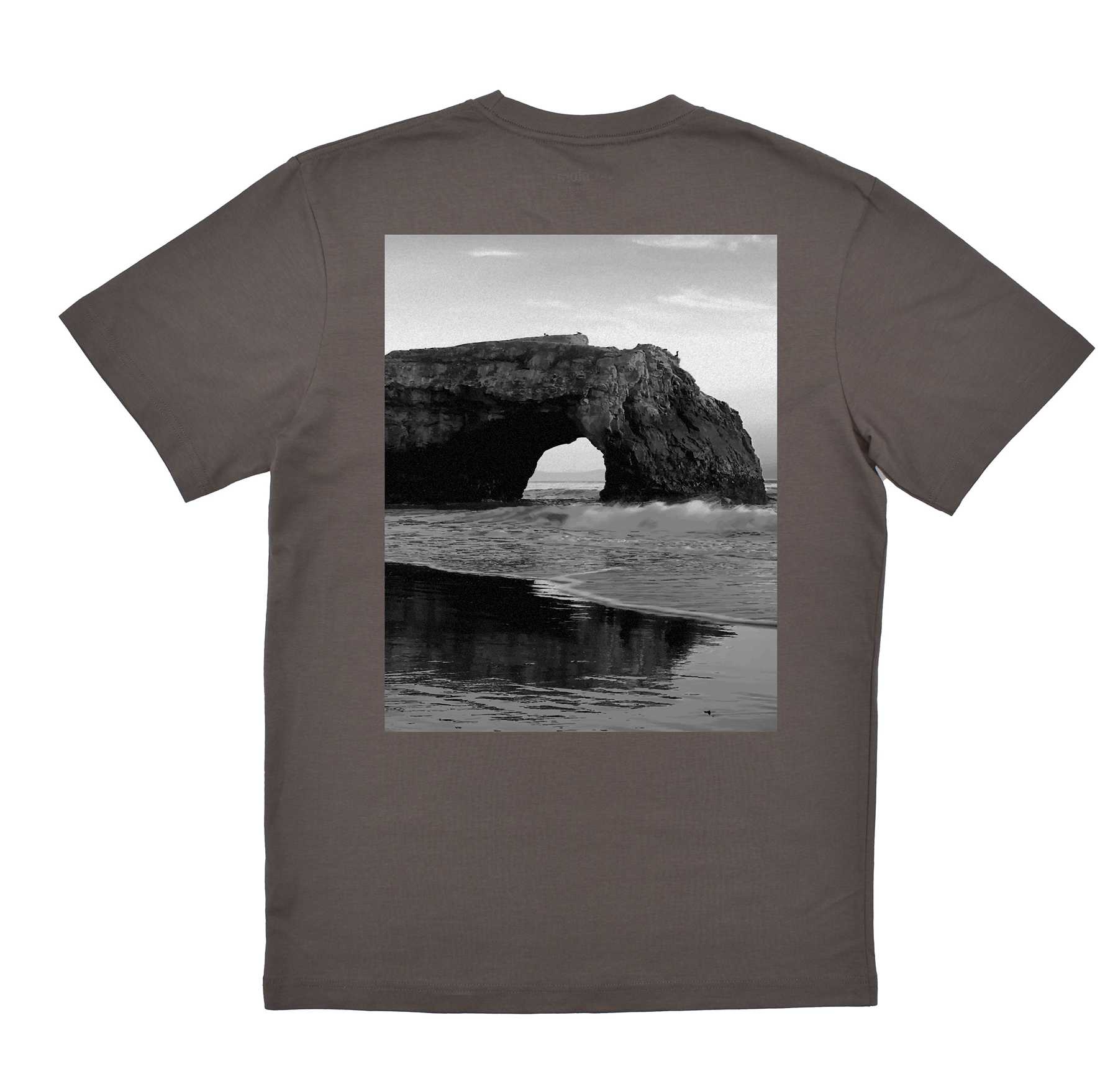 Gray t-shirt with a black and white photo of a coastal arch on the back