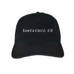 Black cap with 'Santa Cruz, CA' text on a white background