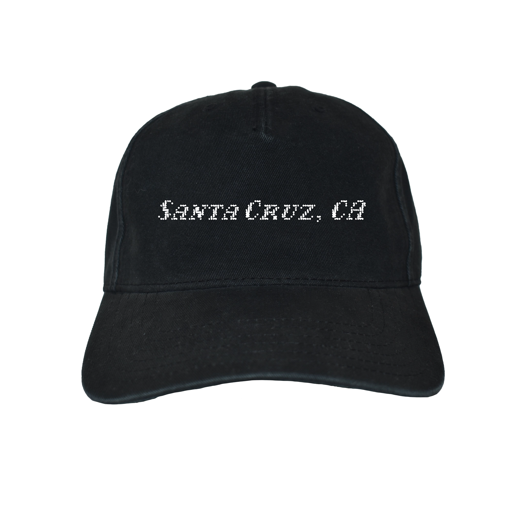 Black cap with 'Santa Cruz, CA' text on a white background