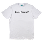 White t-shirt with 'Santa Cruz, CA' text on a white background
