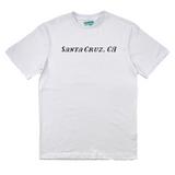 White t-shirt with 'Santa Cruz, CA' text on a white background