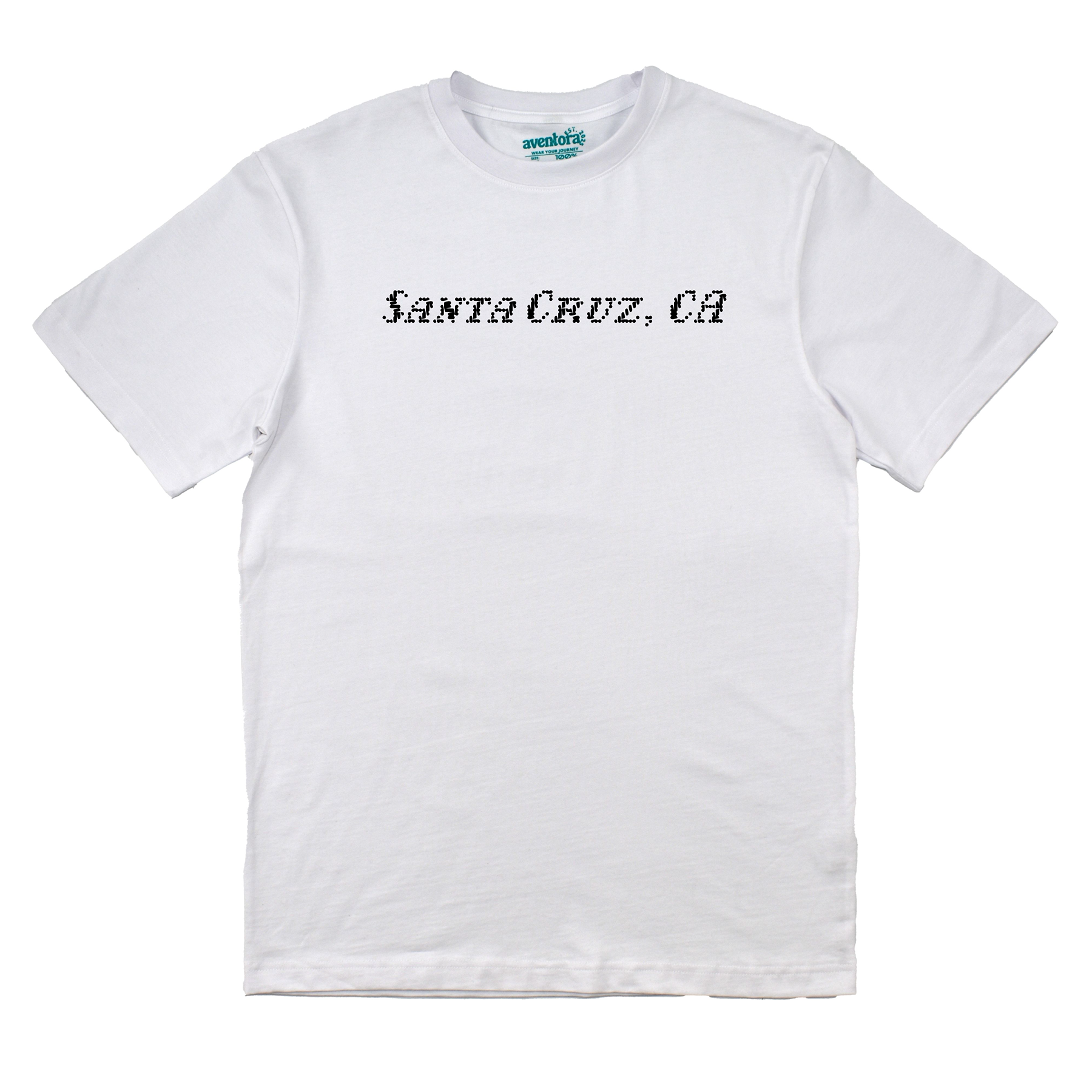 White t-shirt with 'Santa Cruz, CA' text on a white background