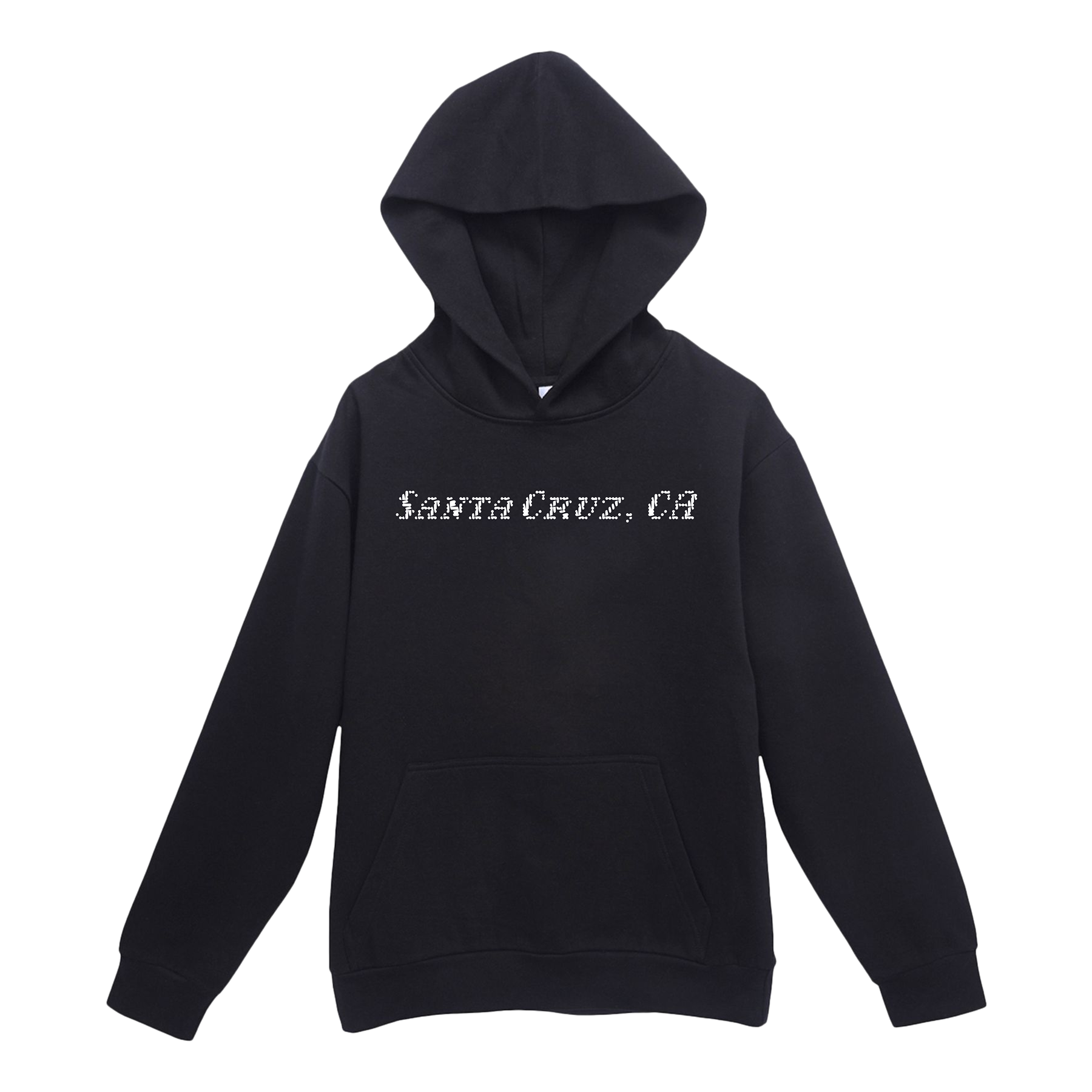 Black hoodie with 'Santa Cruz, CA' text on a white background
