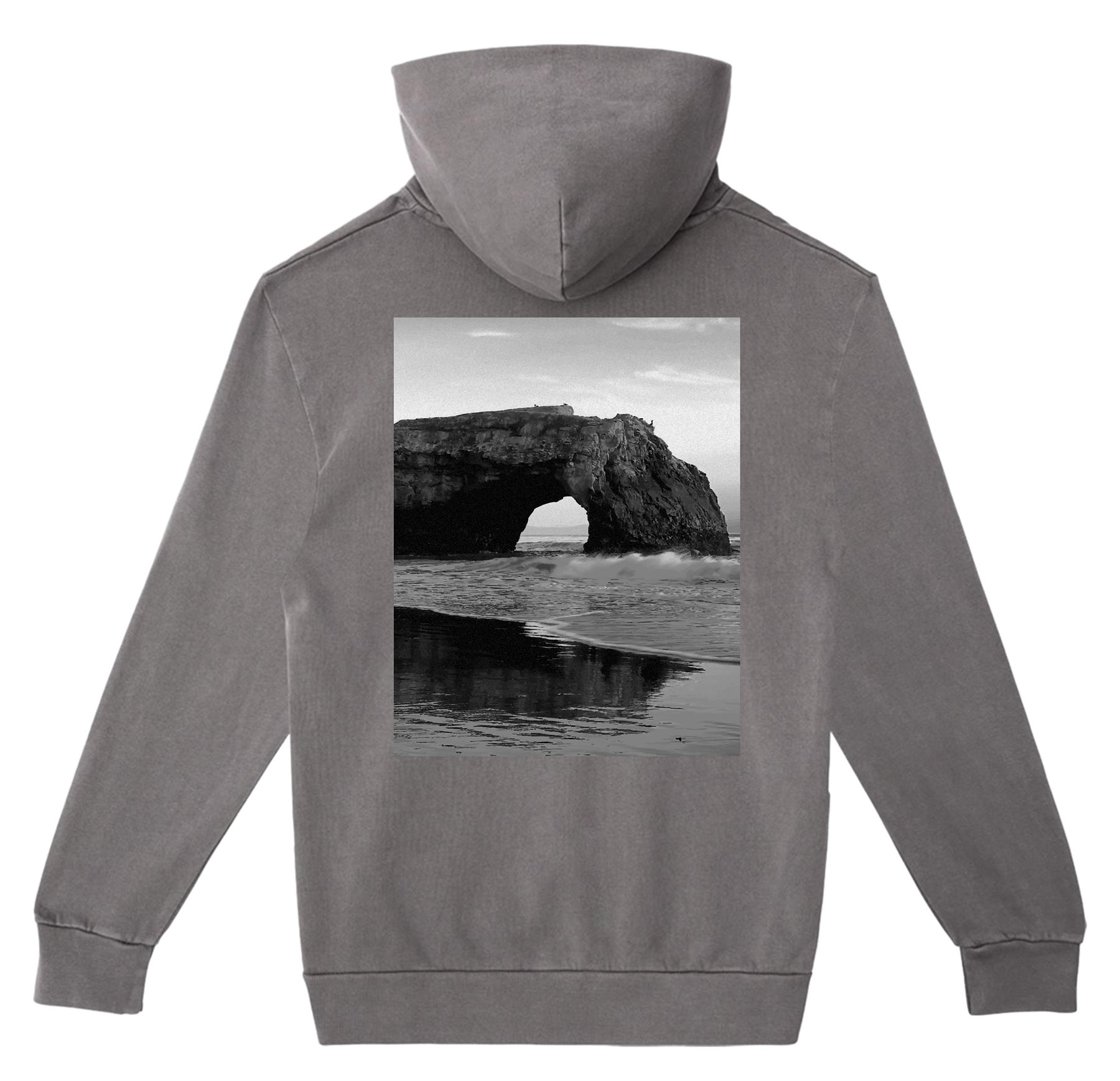 Gray hoodie with a black and white photograph of a natural arch on the back, displayed on a white background.