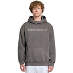 Person wearing a gray hoodie with 'Santa Cruz, CA' text on a white background