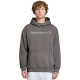 Person wearing a gray hoodie with 'Santa Cruz, CA' text on a white background