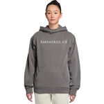 Person wearing a gray hoodie with 'Santa Cruz, CA' text on a white background