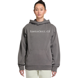 Person wearing a gray hoodie with 'Santa Cruz, CA' text on a white background