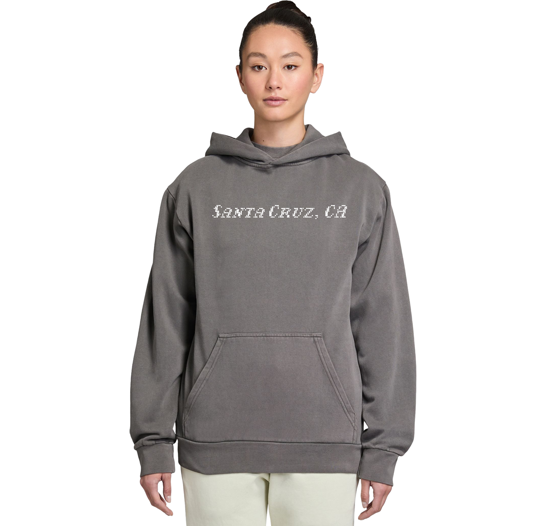 Person wearing a gray hoodie with 'Santa Cruz, CA' text on a white background