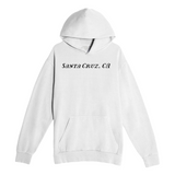 White hoodie with 'Santa Cruz, CA' text on a white background