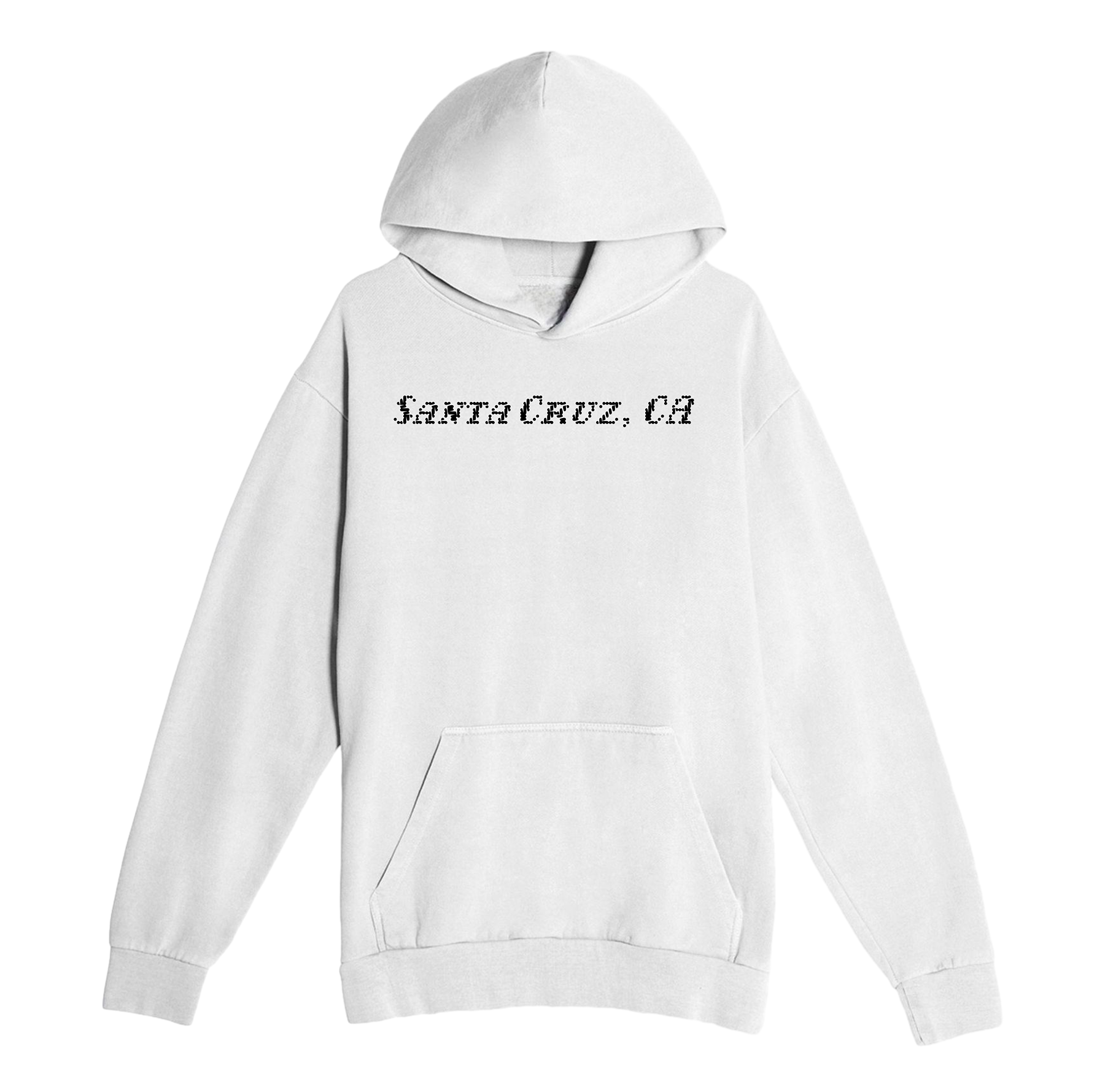 White hoodie with 'Santa Cruz, CA' text on a white background