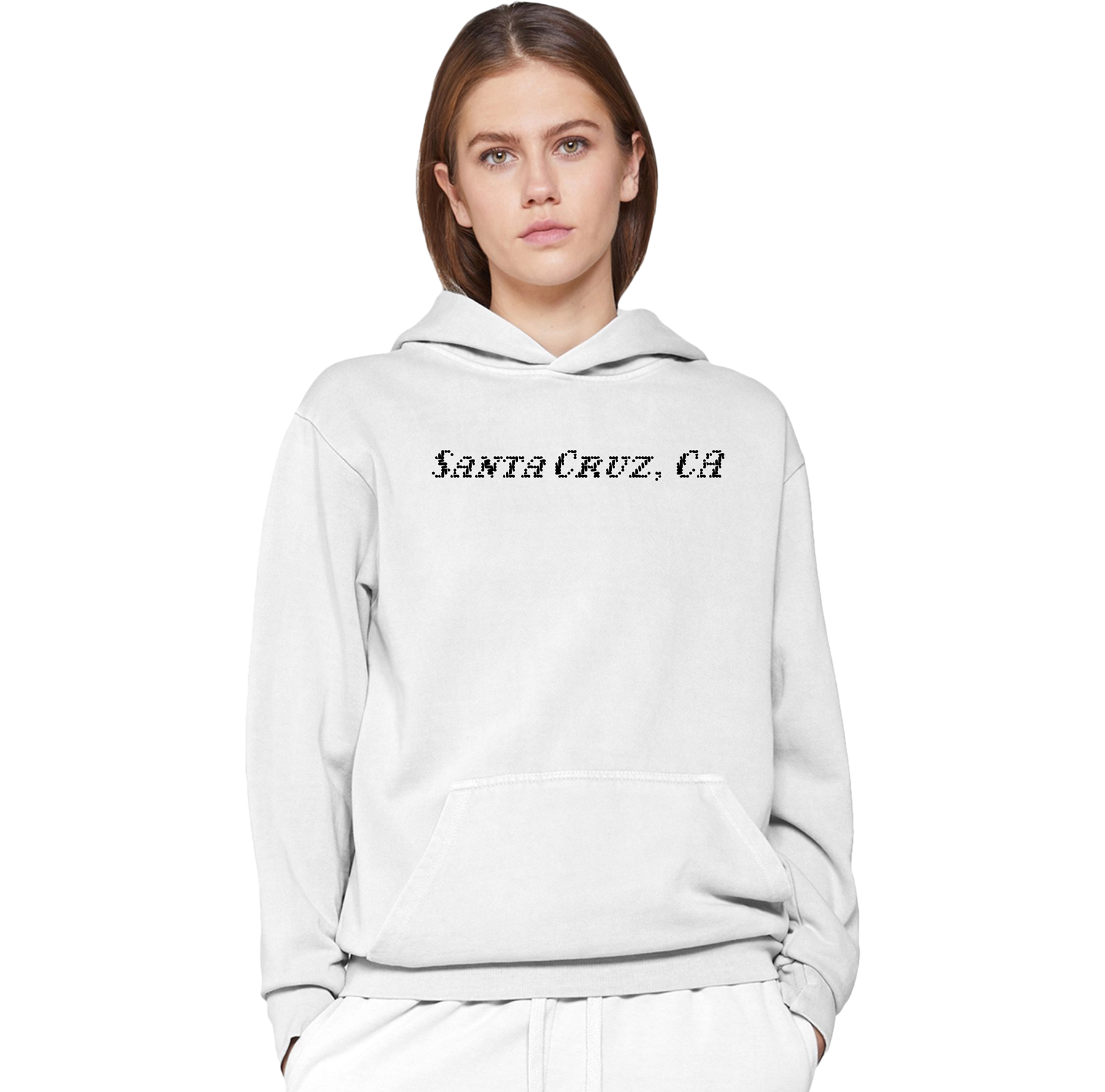 Person wearing a light gray hoodie with 'Santa Cruz, CA' text on a white background