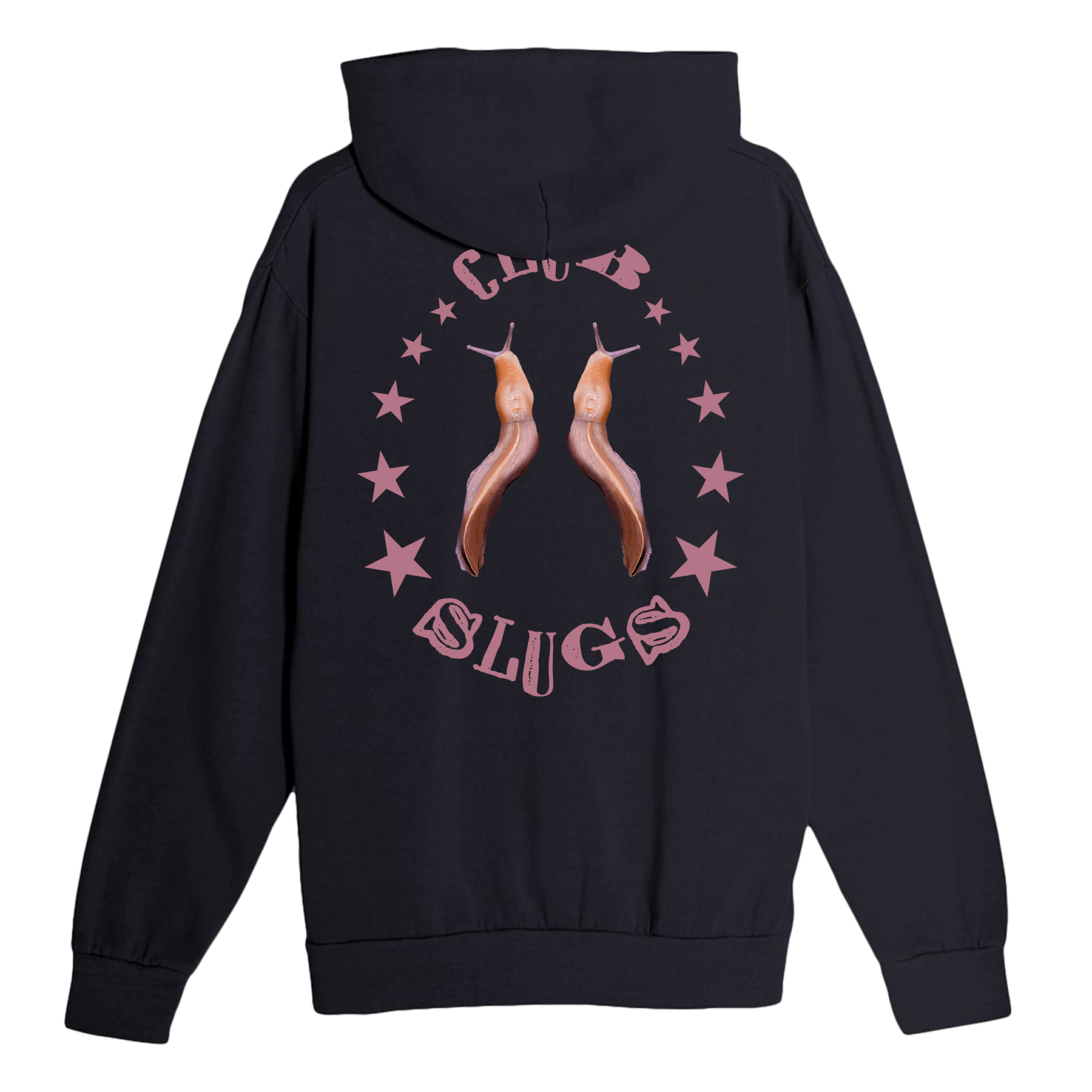 Black hoodie with 'Club Slugs' design on the back against a white background