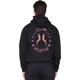 Black hoodie with 'Club Slugs' design on the back, worn by a person.