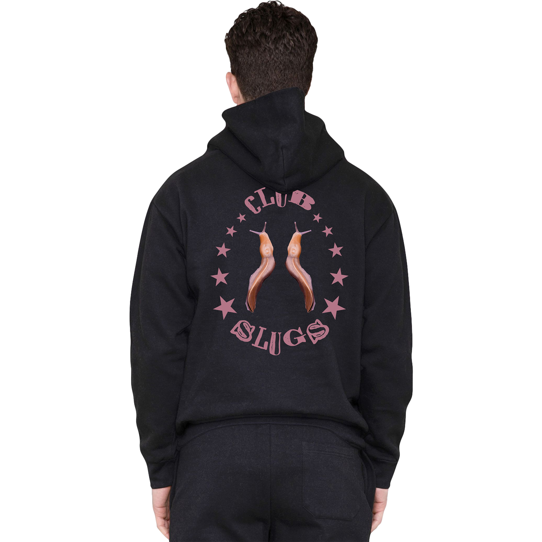 Black hoodie with 'Club Slugs' design on the back, worn by a person.