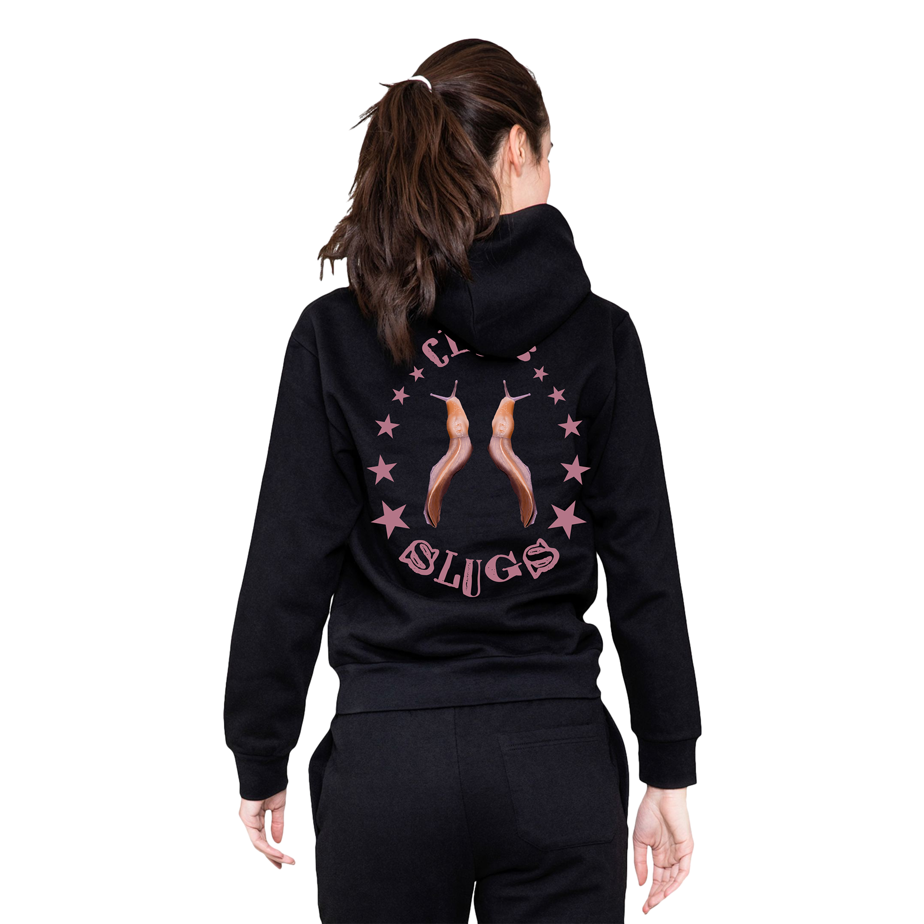 Person wearing a black hoodie with a graphic design on the back, standing against a white background