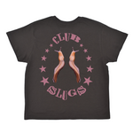 Black t-shirt with 'Club Slugs' design featuring two slugs and stars on a white background