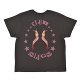 Black t-shirt with 'Club Slugs' design featuring two slugs and stars on a white background