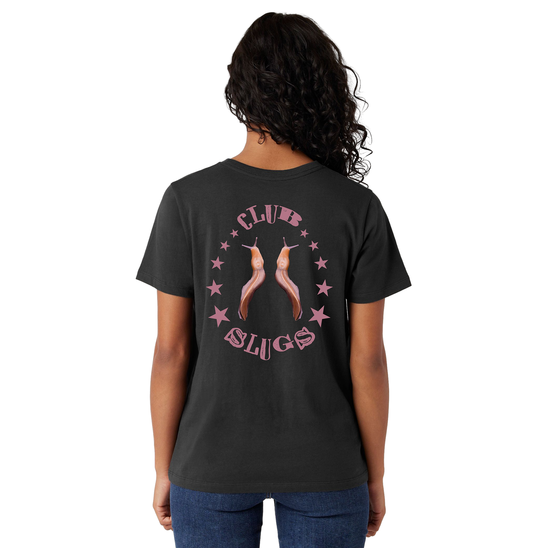 Person wearing a black t-shirt with 'Club Slugs' design on the back