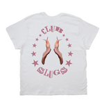 White t-shirt with 'Club Slugs' design featuring two slugs and stars on a white background