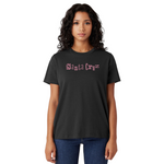 Woman wearing a black t-shirt with 'Santa Cruz' text on a white background