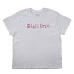 White t-shirt with 'Santa Cruz' printed in pink on a white background