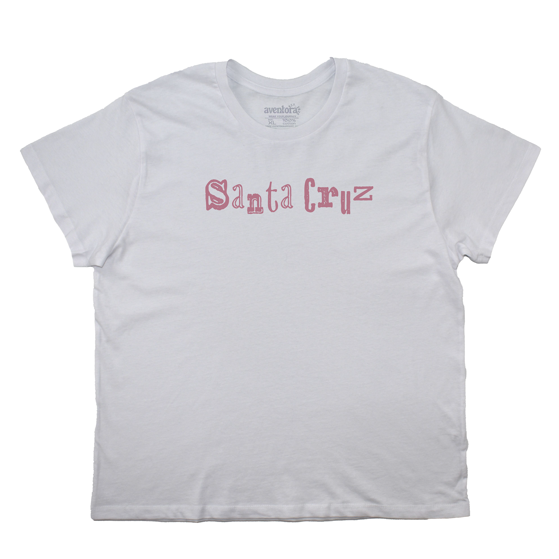 White t-shirt with 'Santa Cruz' printed in pink on a white background