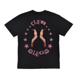 Black t-shirt with 'Club Slugs' design featuring two slugs and stars on a white background