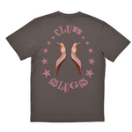 Gray t-shirt with 'Club Slugs' design featuring slugs and stars on a white background
