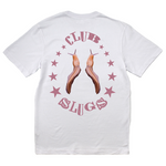 White t-shirt with slugs and 'Club Slugs' text on a white background