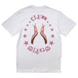 White t-shirt with slugs and 'Club Slugs' text on a white background