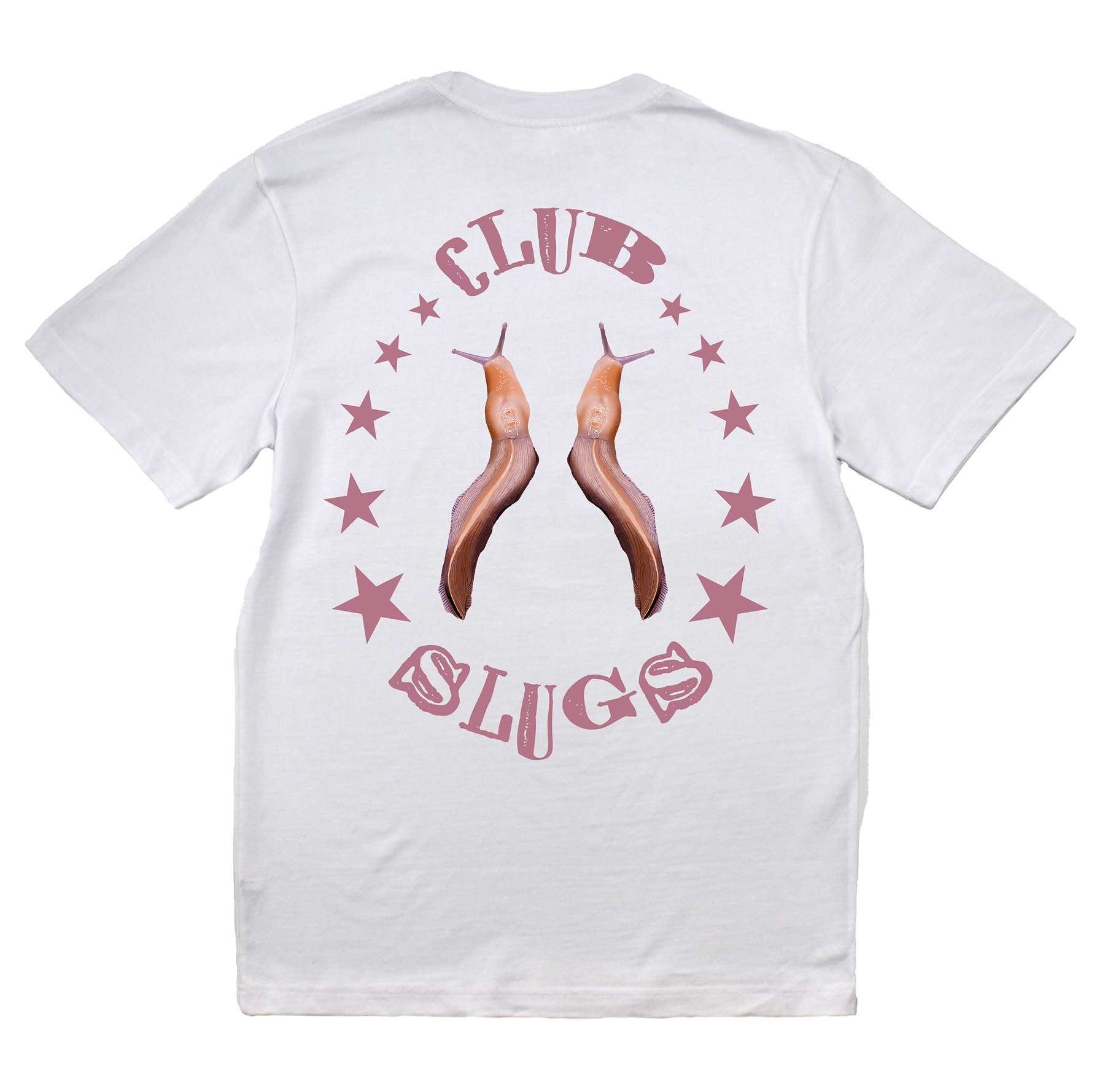 White t-shirt with slugs and 'Club Slugs' text on a white background