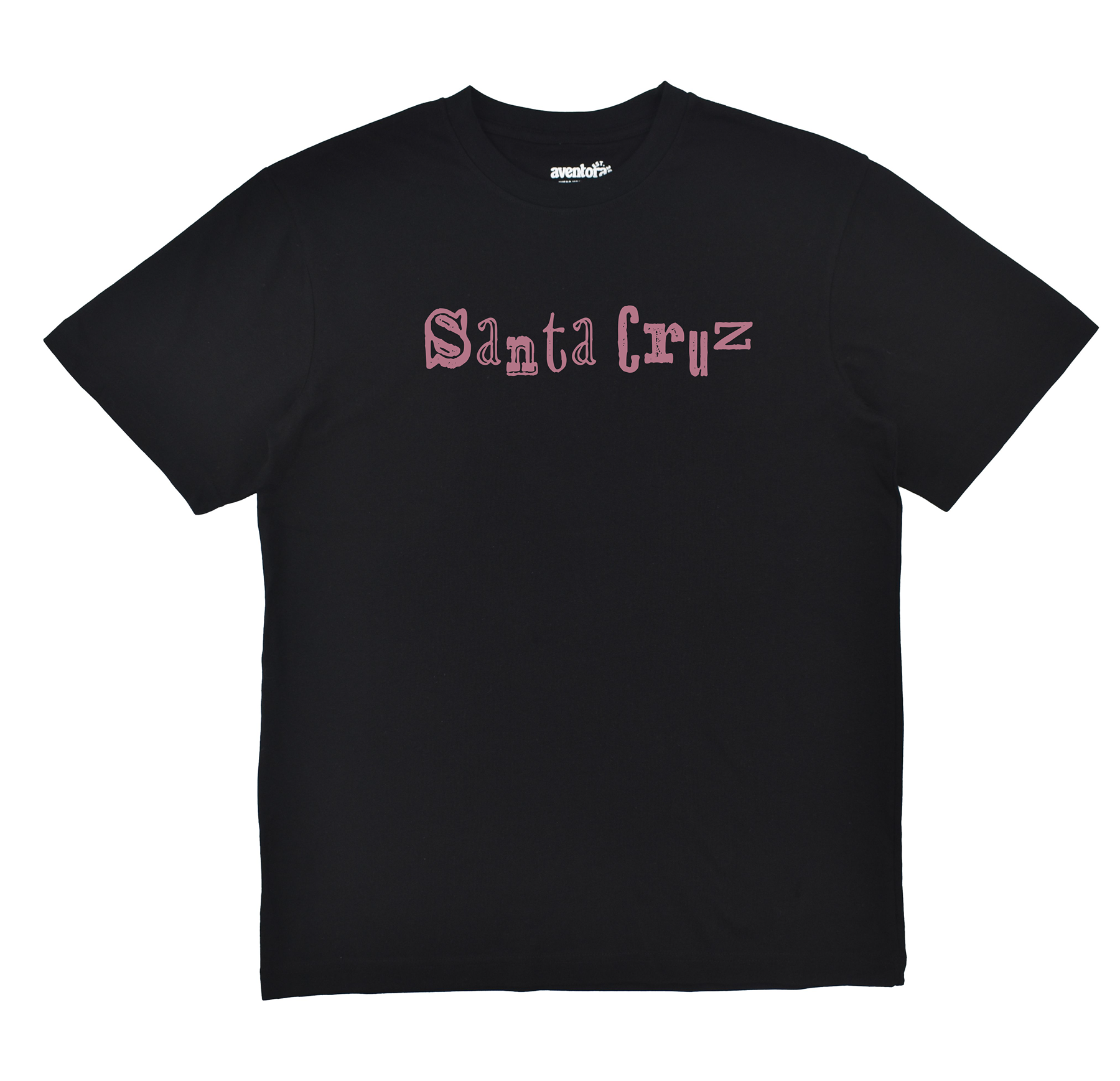 Black t-shirt with pink 'Santa Cruz' logo on a white background