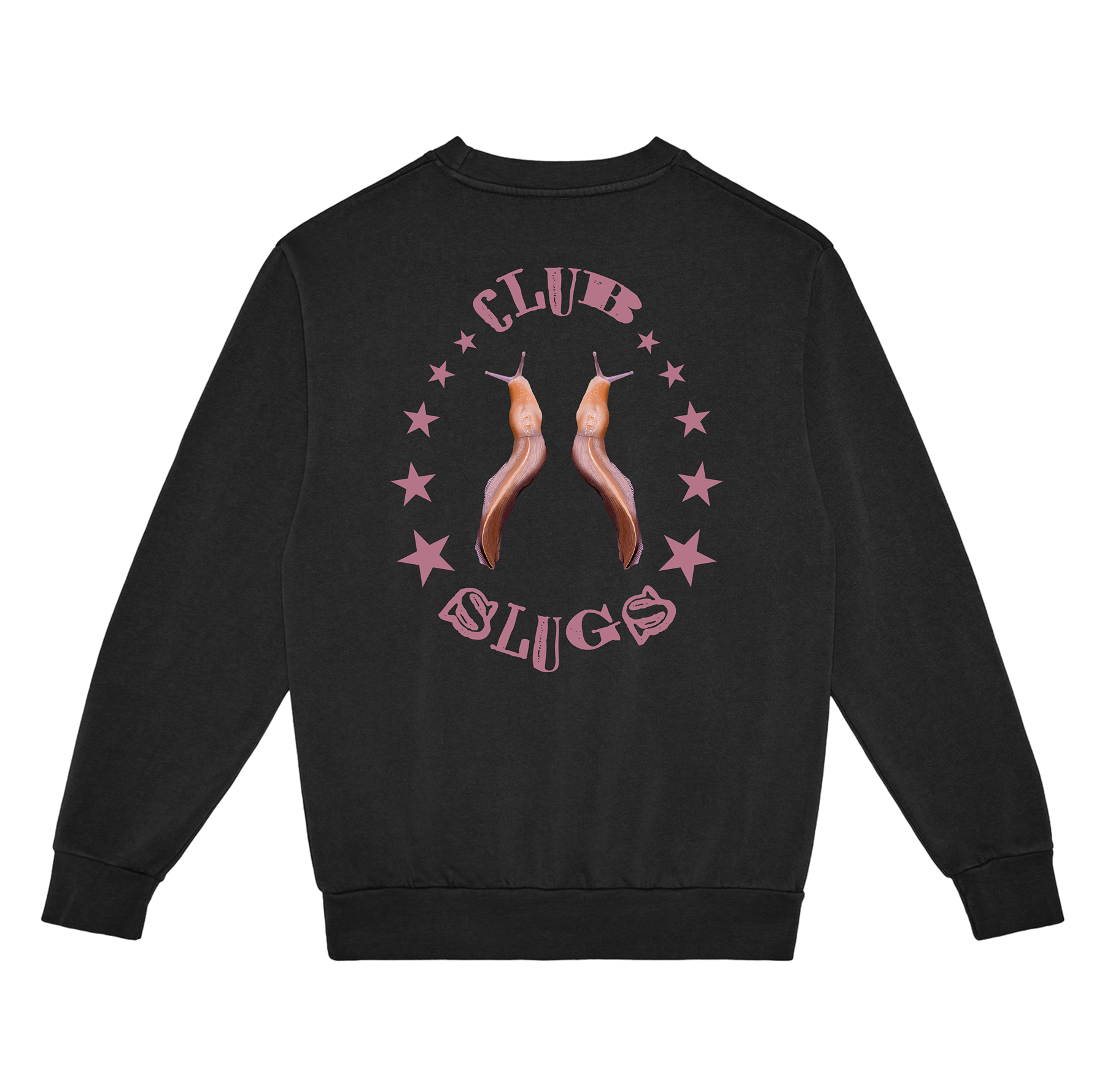 Black sweatshirt with 'Club Slugs' design on a white background